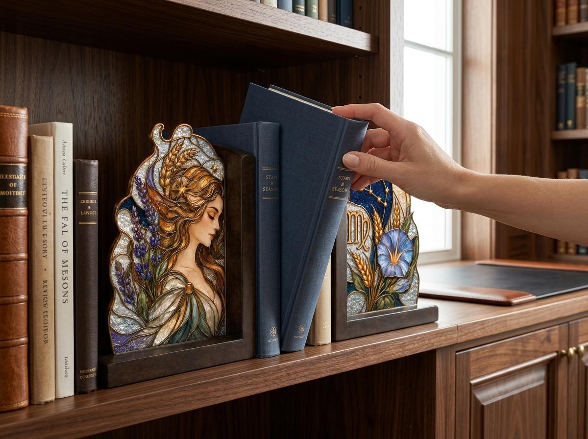 Angled view of the virgo zodiac glass artwork
