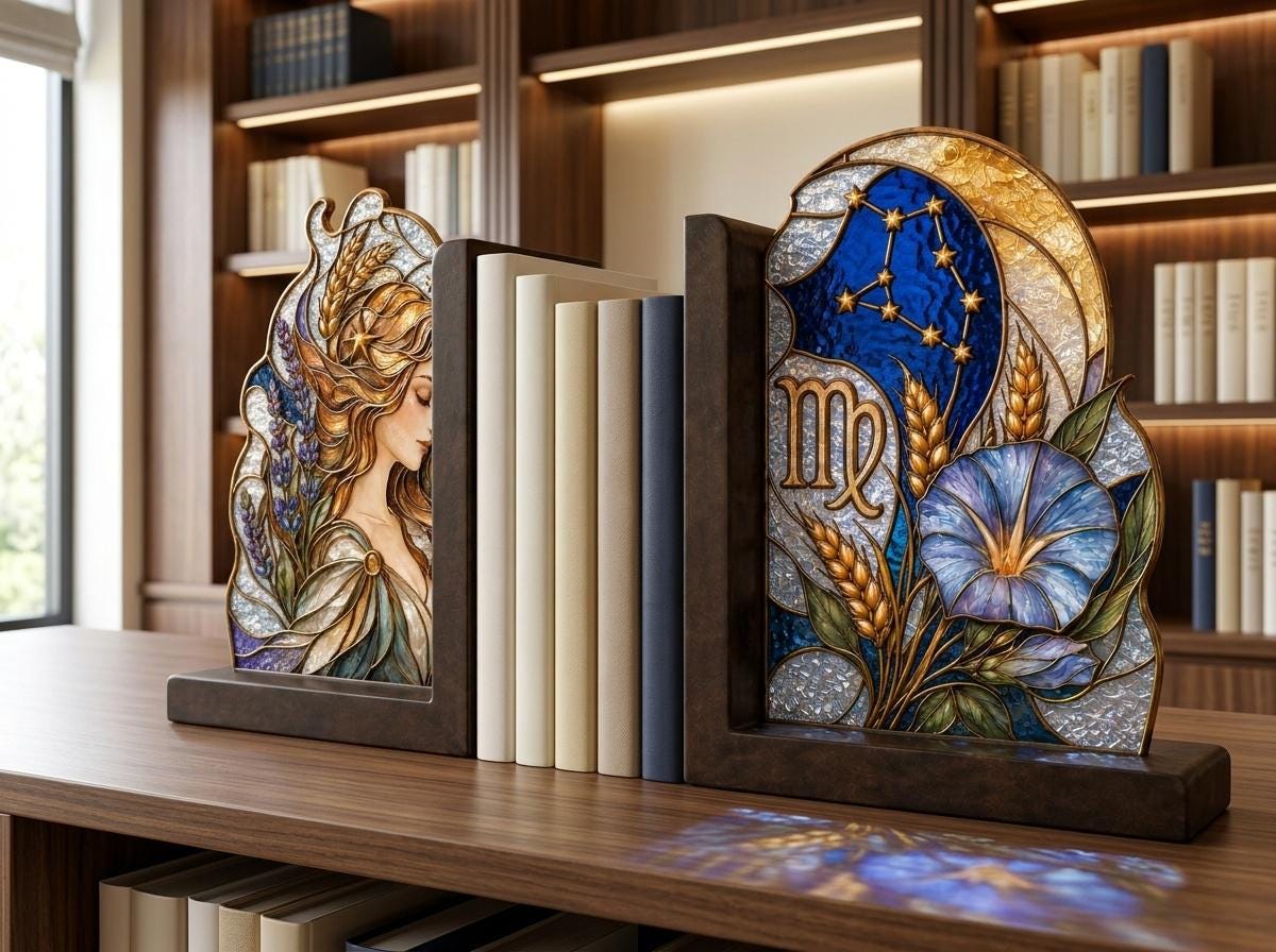 Virgo Zodiac stained glass bookend set in a styled home interior