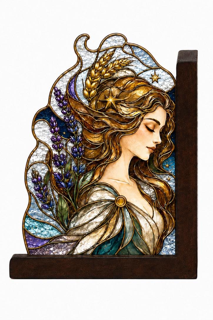 Front view of the virgo zodiac stained glass bookend set