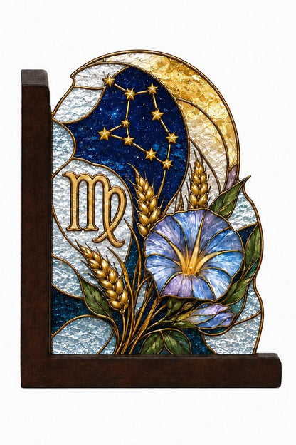Angled view of the virgo zodiac glass artwork