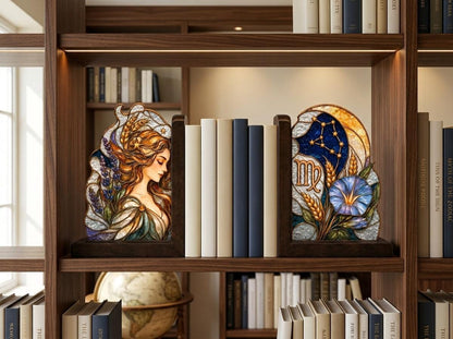 Virgo Zodiac bookend set arranged for indoor display
