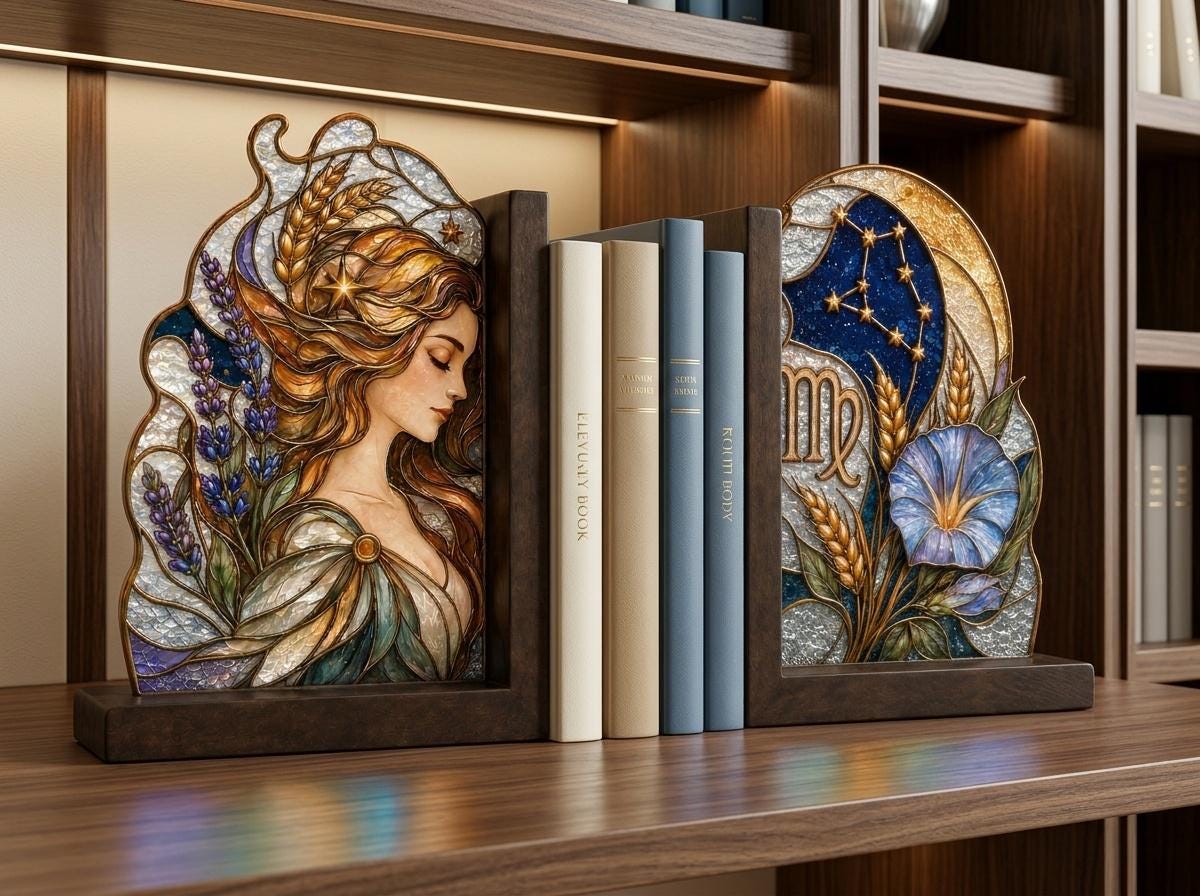 Front view of the virgo zodiac stained glass bookend set