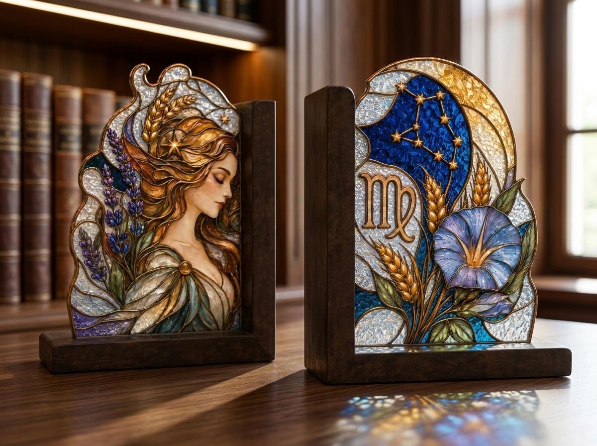 Virgo Zodiac glass bookend set near a bright window