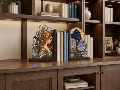 Virgo Zodiac Stained Glass Bookends with Wood Bases displayed in natural light