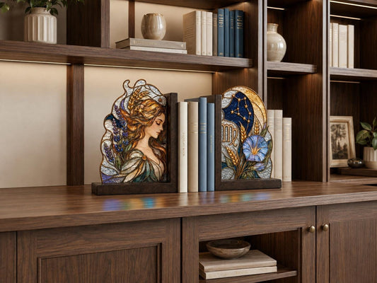 Virgo Zodiac Stained Glass Bookends with Wood Bases displayed in natural light