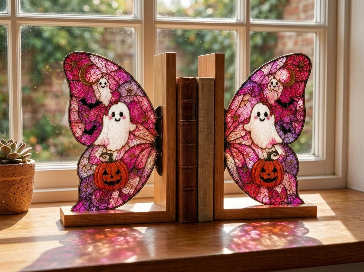 Front view of the ghost pumpkin butterfly stained glass bookend set