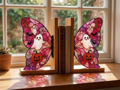Front view of the ghost pumpkin butterfly stained glass bookend set