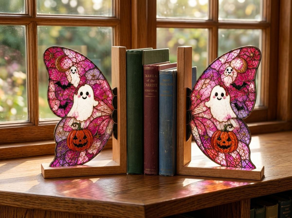 Angled view of the ghost pumpkin butterfly glass artwork