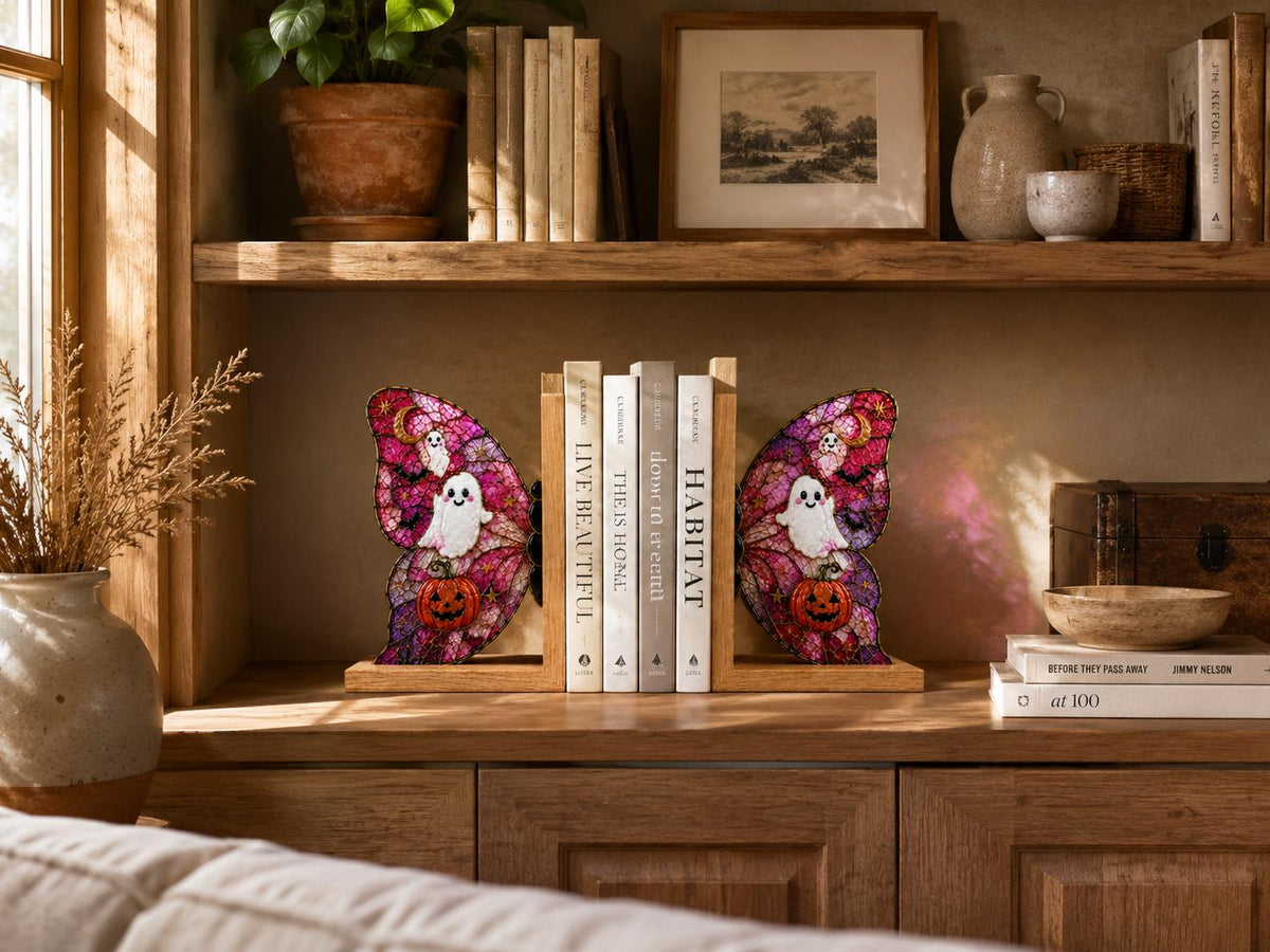 Ghost Pumpkin Butterfly Stained Glass Bookends with Wood Bases displayed in natural light