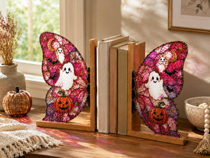 Detail view of the ghost pumpkin butterfly stained glass artwork