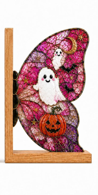 Front view of the ghost pumpkin butterfly stained glass bookend set