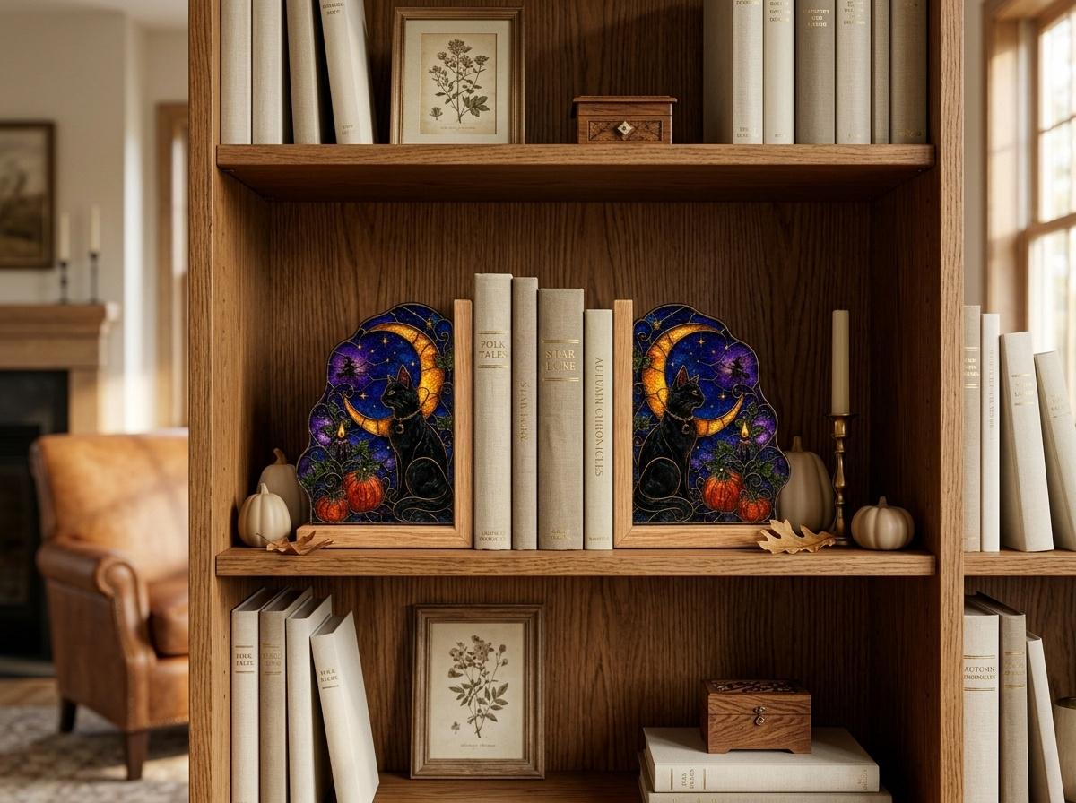 Black Cat Moon Halloween stained glass bookend set in a styled home interior