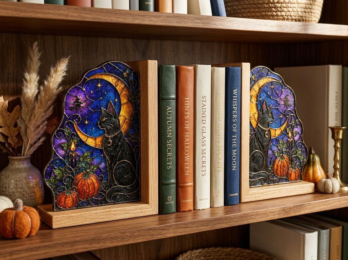 Front view of the black cat moon halloween stained glass bookend set