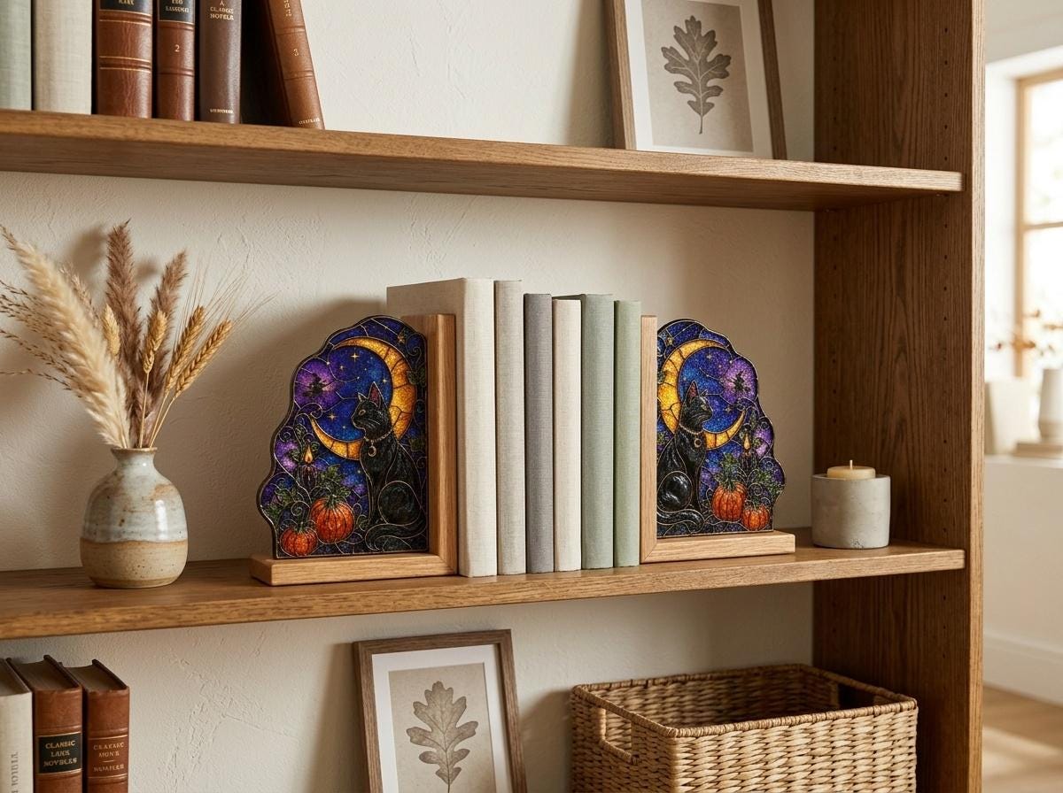 Black Cat Moon Halloween Stained Glass Bookends with Wood Bases displayed in natural light