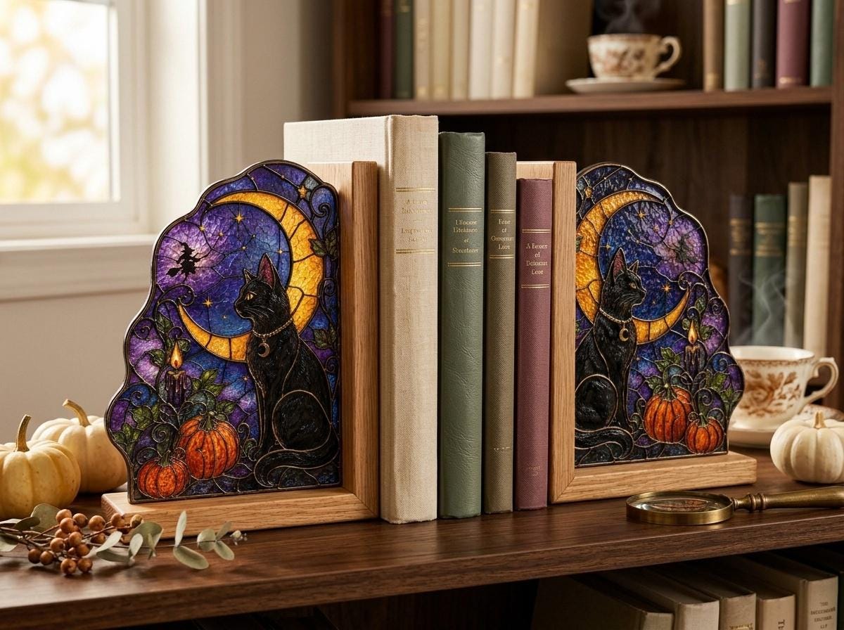 Black Cat Moon Halloween bookend set arranged for indoor display