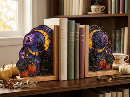 Black Cat Moon Halloween bookend set arranged for indoor display