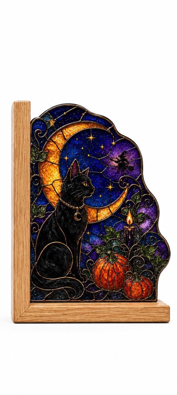 Front view of the black cat moon halloween stained glass bookend set