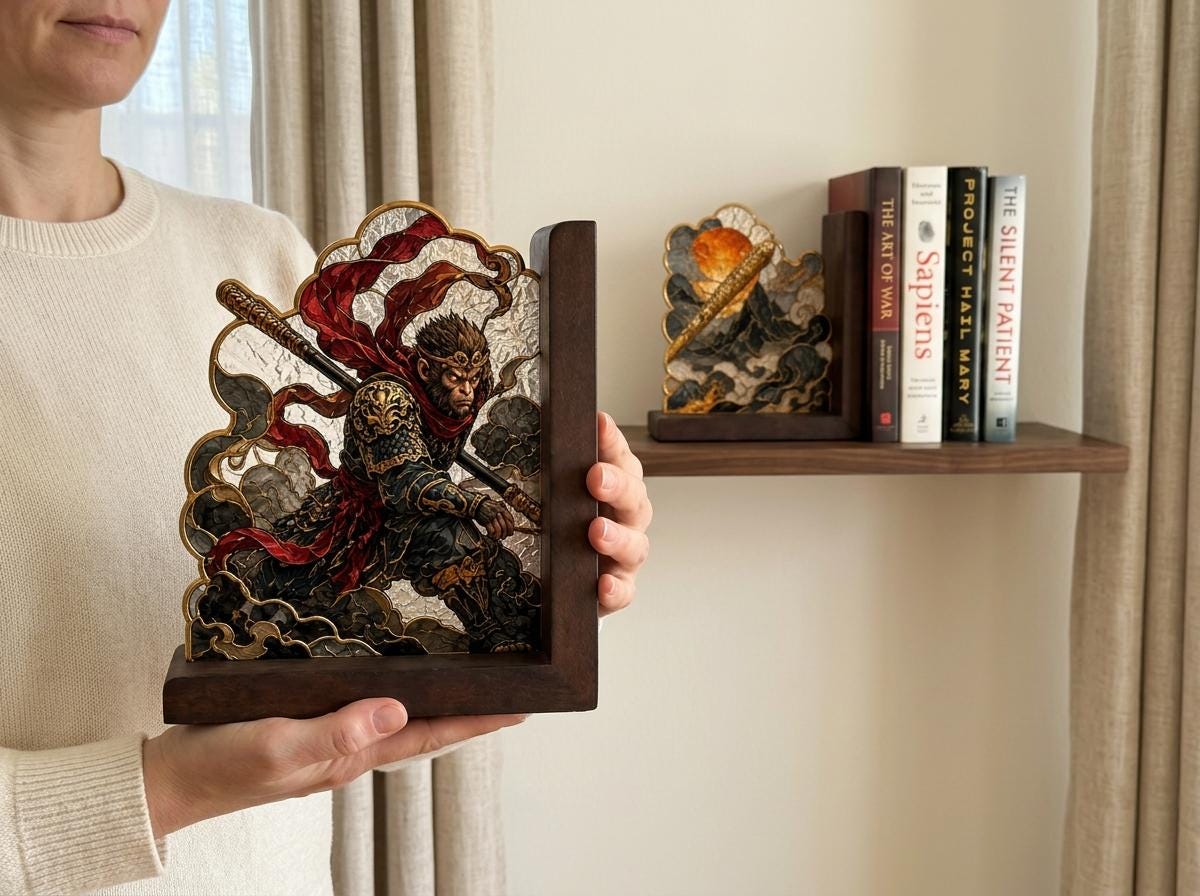 Front view of the sun wukong stained glass bookend set
