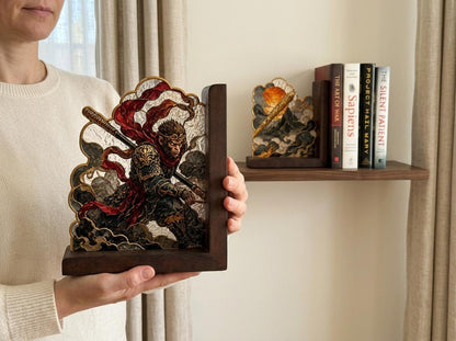 Front view of the sun wukong stained glass bookend set
