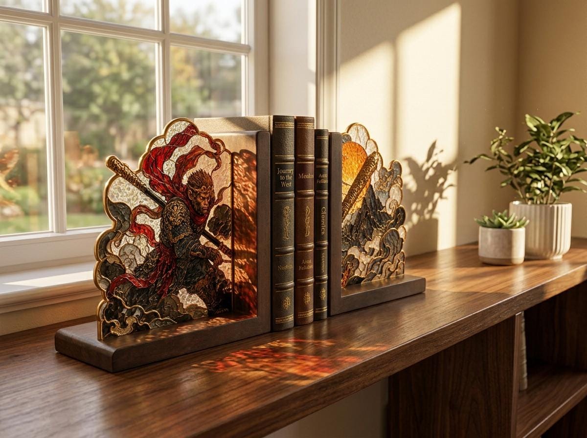 Angled view of the sun wukong glass artwork