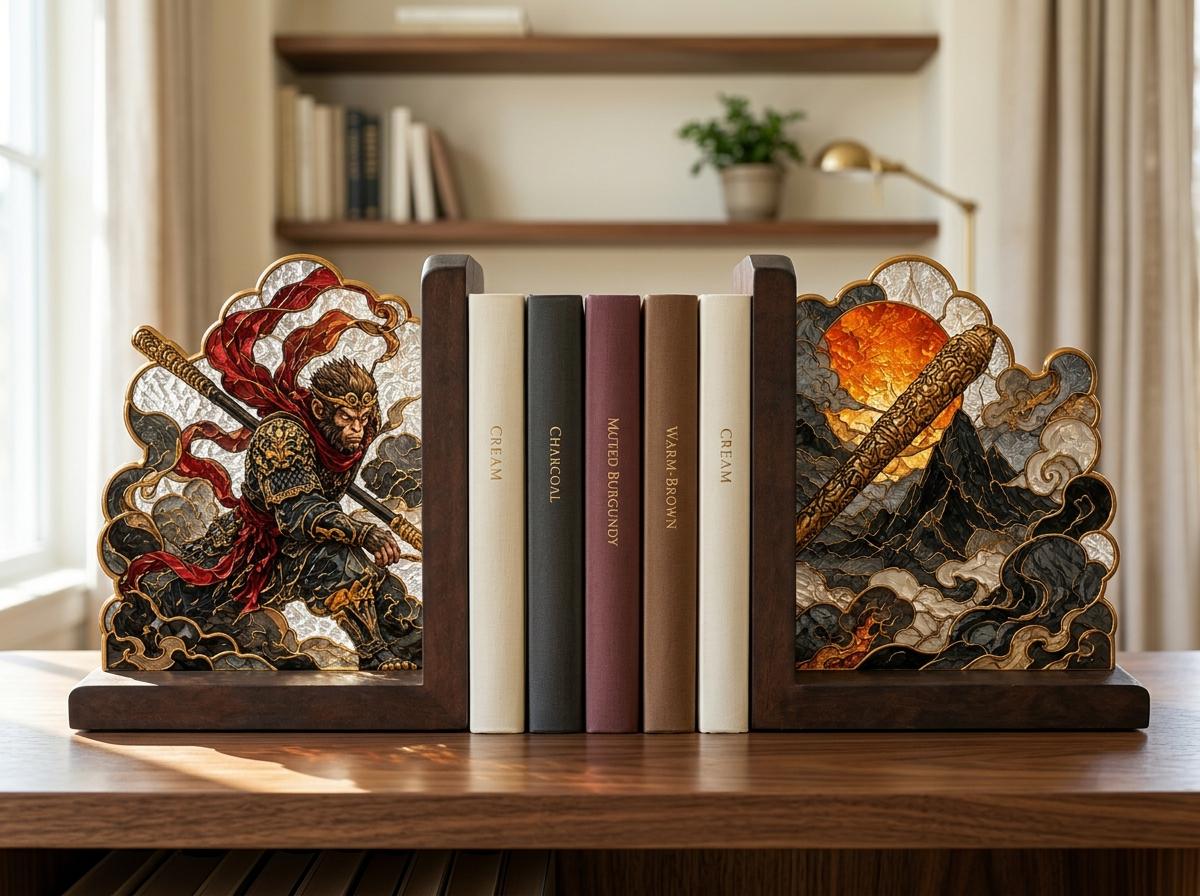 Sun Wukong glass bookend set near a bright window