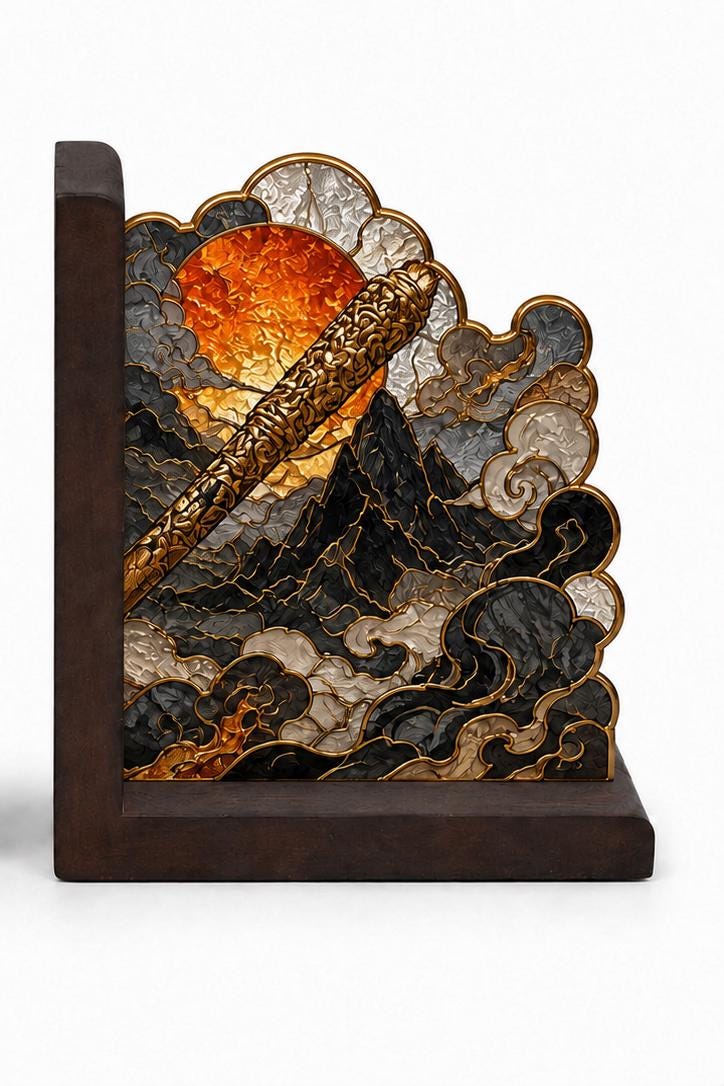 Front view of the sun wukong stained glass bookend set