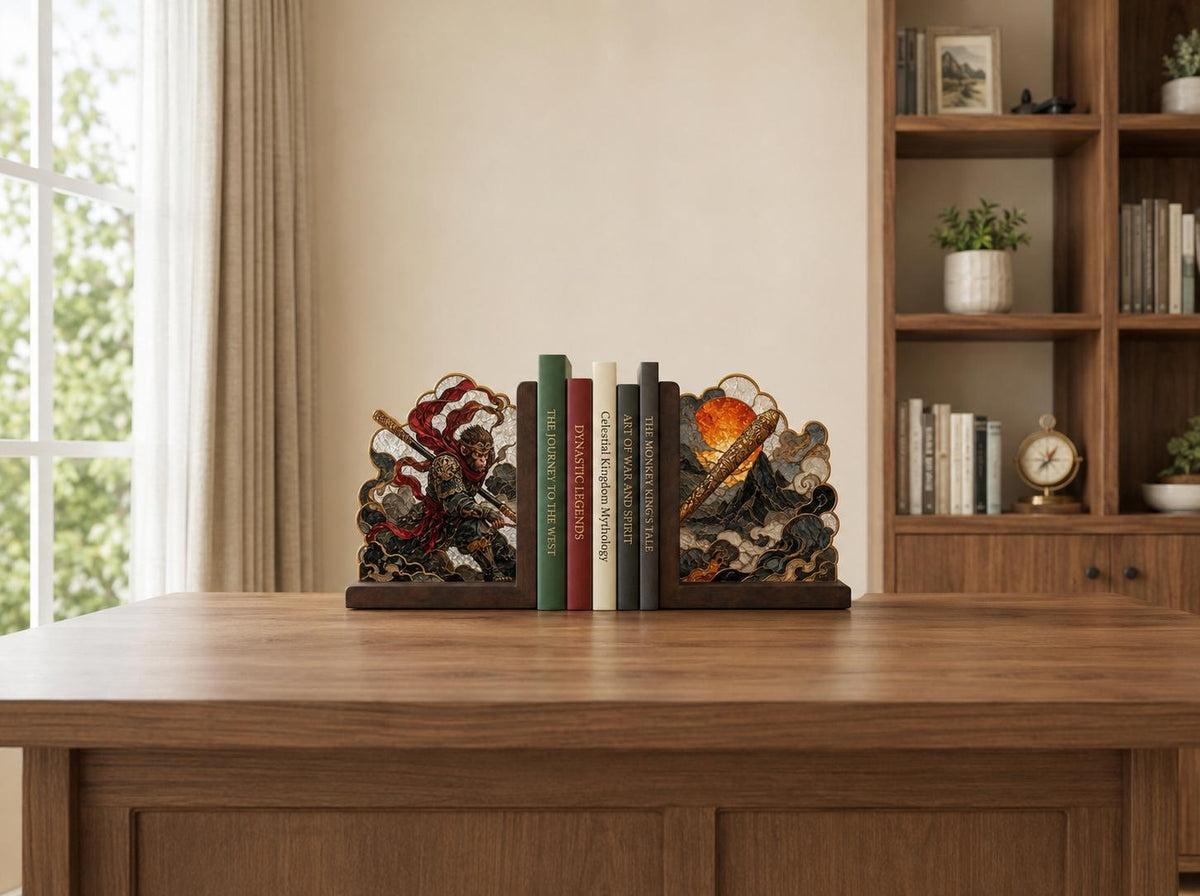 Sun Wukong Stained Glass Bookends with Wood Bases displayed in natural light