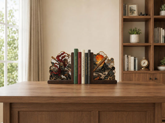 Sun Wukong Stained Glass Bookends with Wood Bases displayed in natural light