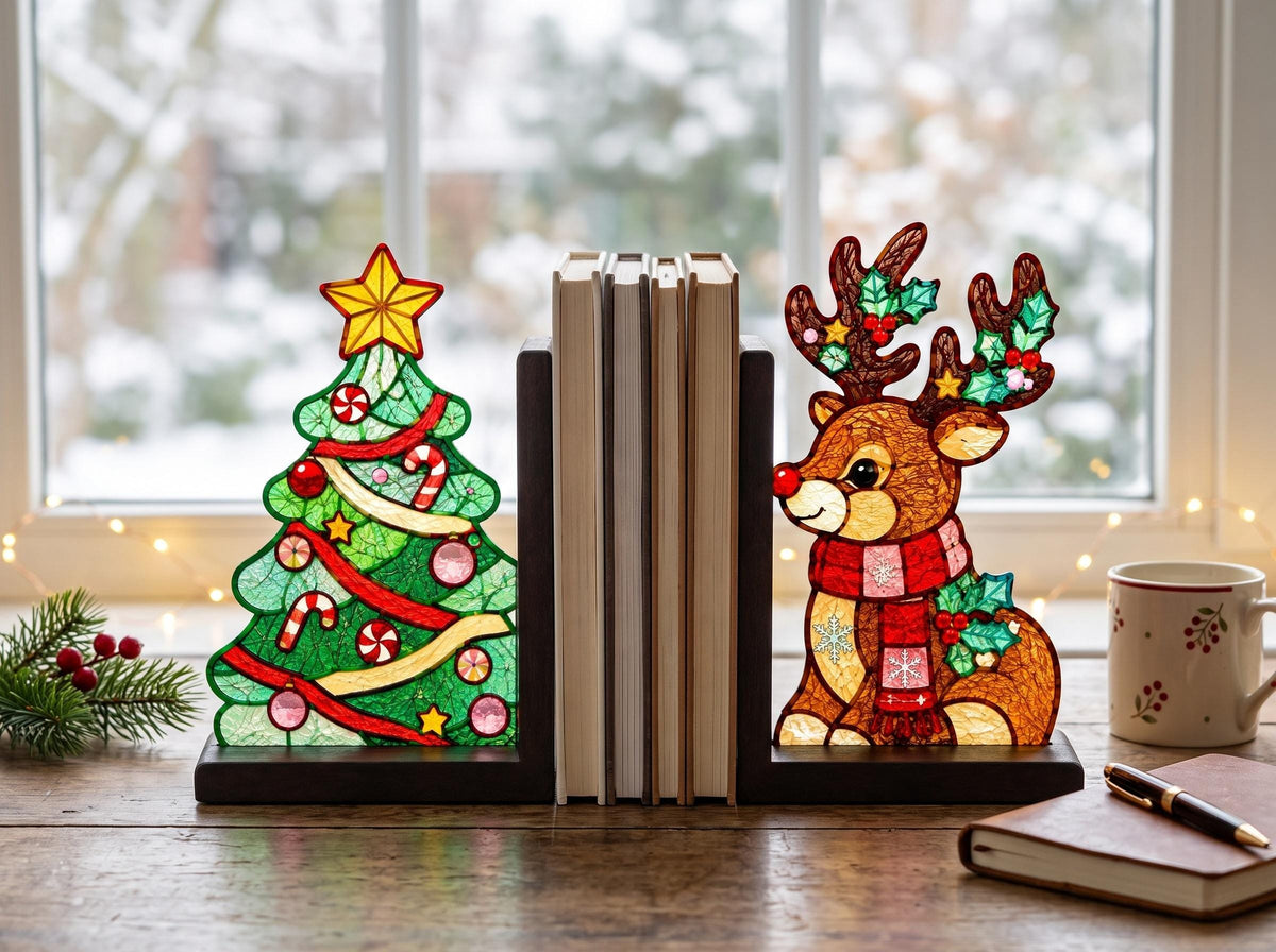 Christmas Tree Reindeer stained glass bookend set in a styled home interior