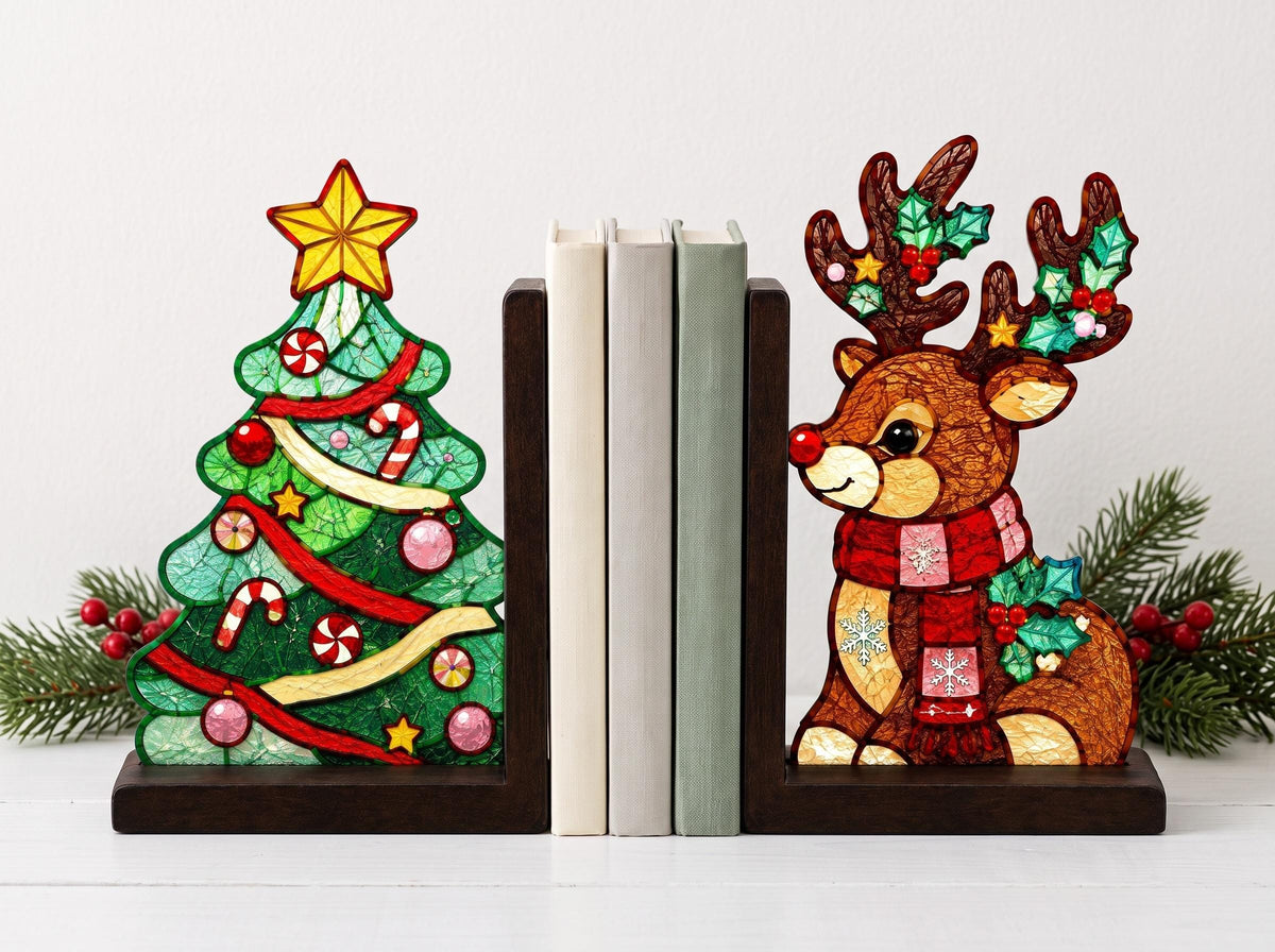 Angled view of the christmas tree reindeer glass artwork