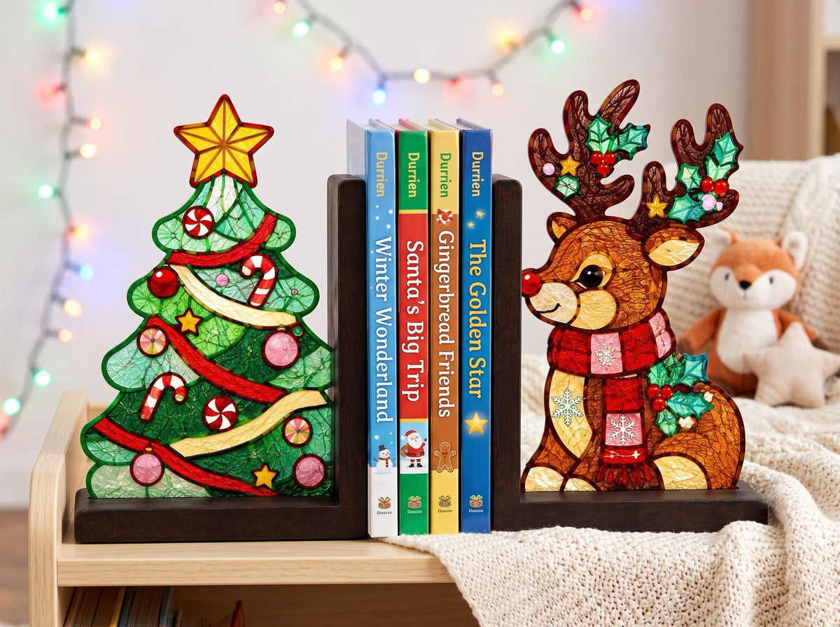 Close view showing color and texture in the christmas tree reindeer design