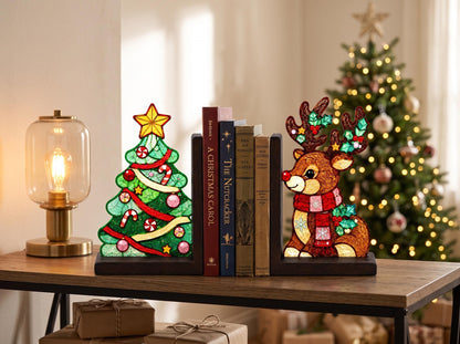 Christmas Tree Reindeer Stained Glass Bookends with Wood Bases displayed in natural light