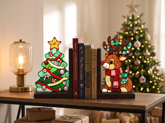 Christmas Tree Reindeer Stained Glass Bookends with Wood Bases displayed in natural light
