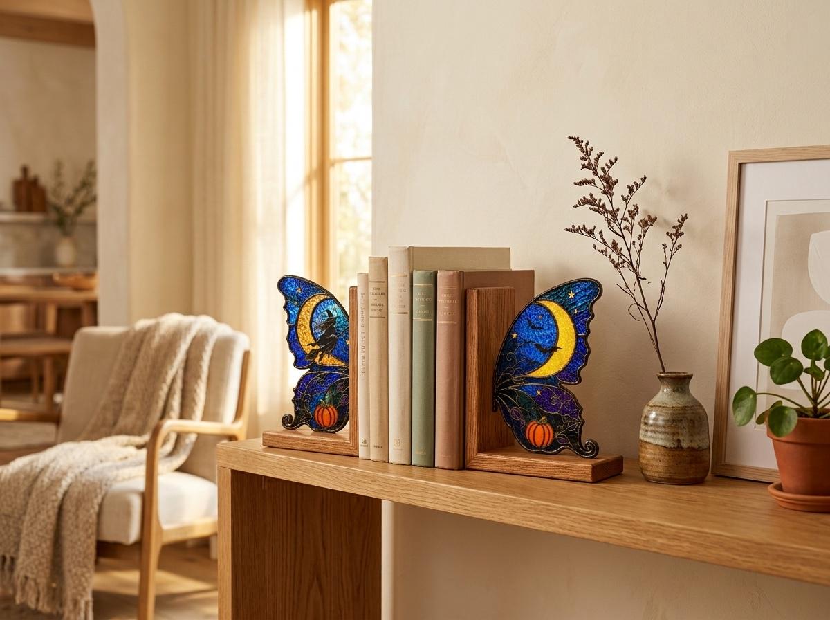 Witch Moon Butterfly Stained Glass Bookends with Wood Bases displayed in natural light