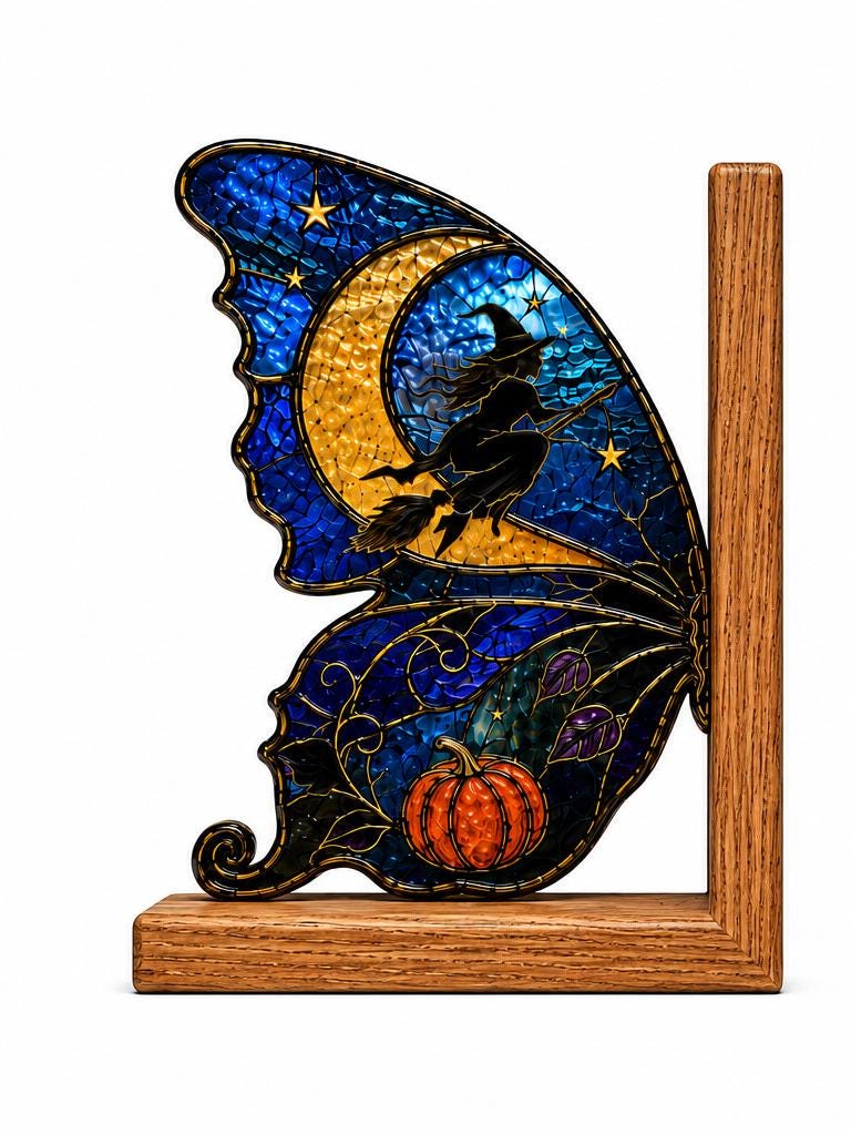 Front view of the witch moon butterfly stained glass bookend set