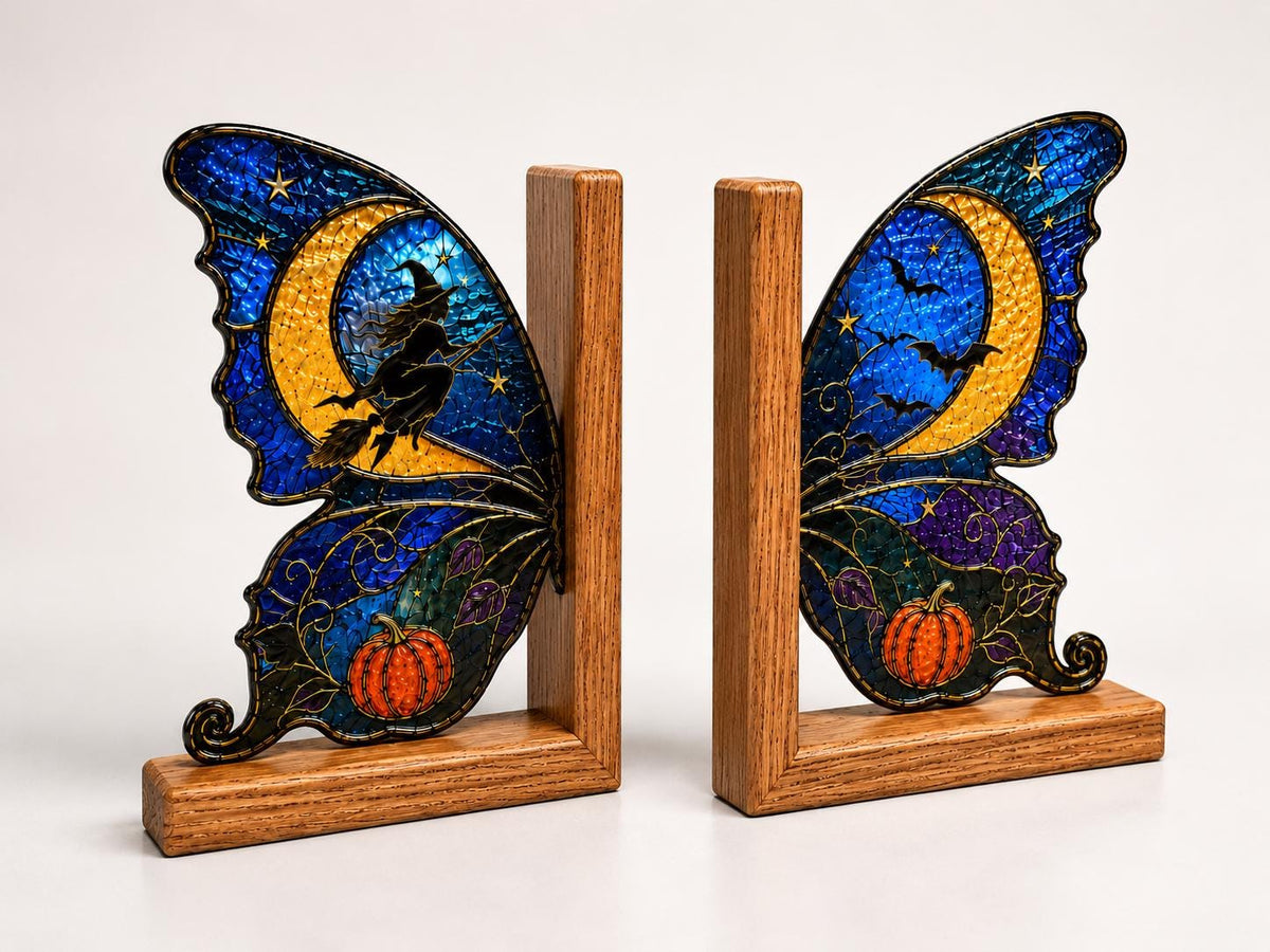 Witch Moon Butterfly stained glass bookend set in a styled home interior