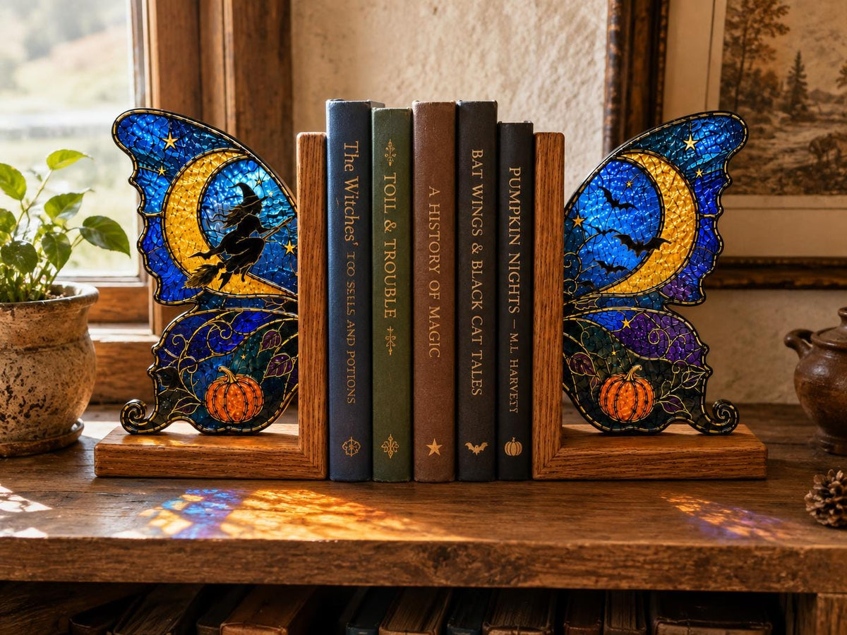 Front view of the witch moon butterfly stained glass bookend set