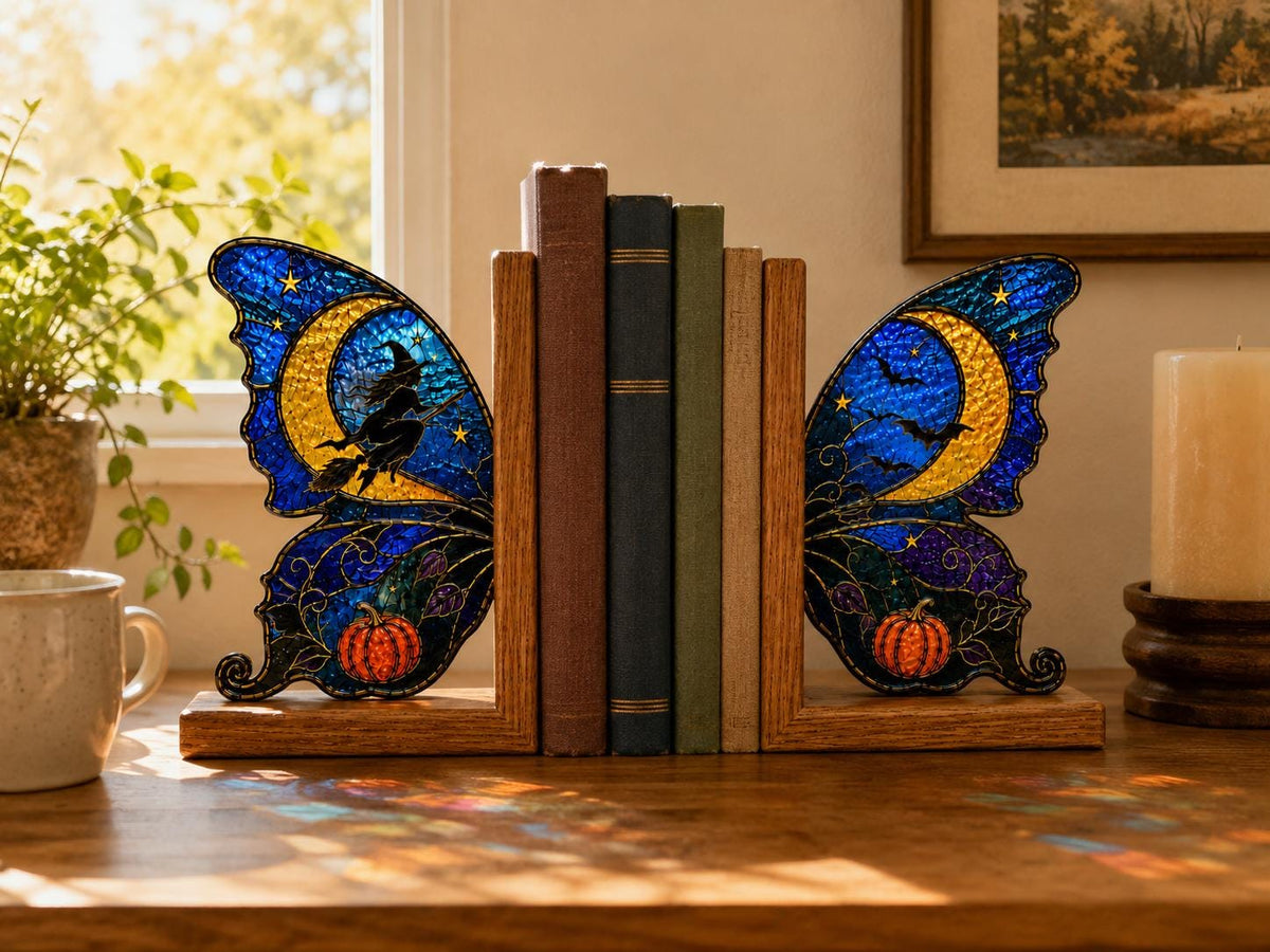 Witch Moon Butterfly glass bookend set near a bright window