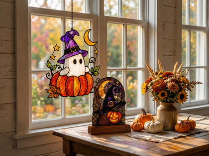 Front view of the halloween ghost stained glass hanging suncatcher