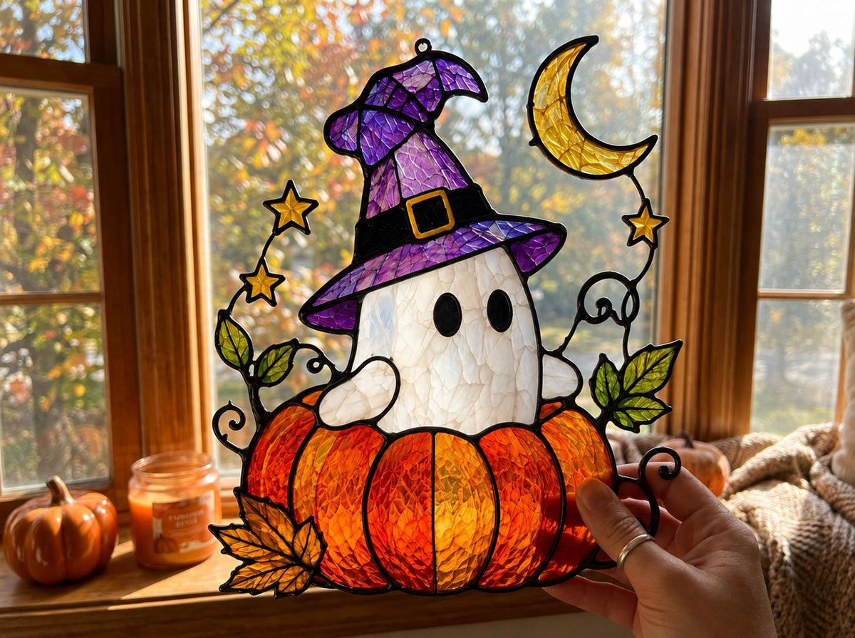 Angled view of the halloween ghost glass artwork