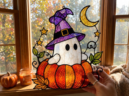 Angled view of the halloween ghost glass artwork
