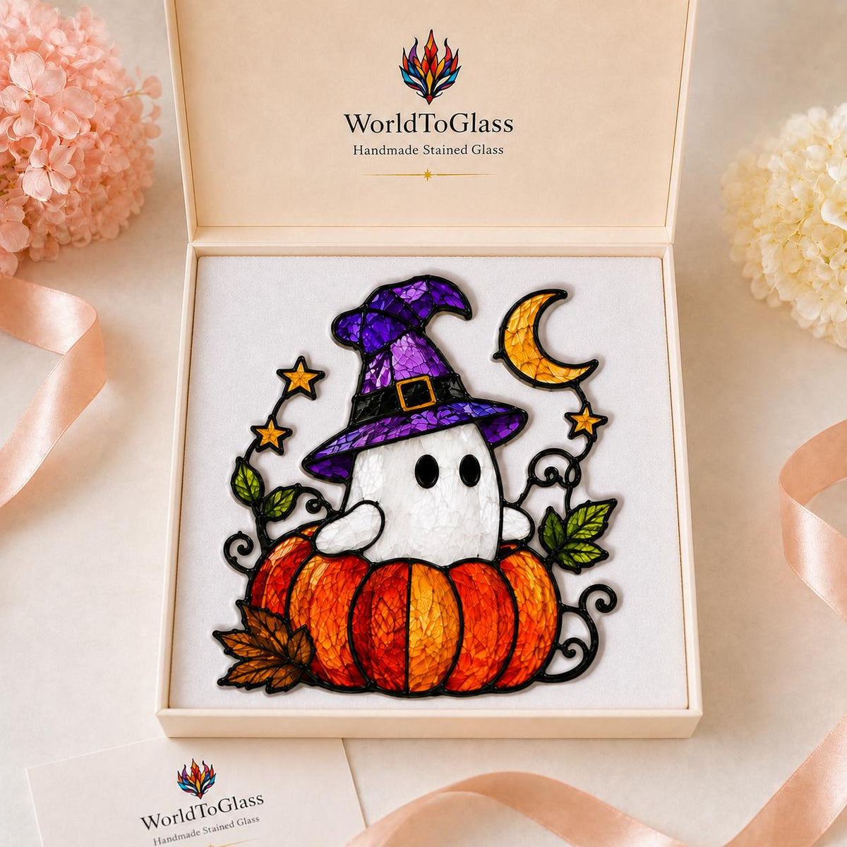 Halloween Ghost hanging suncatcher arranged for indoor display