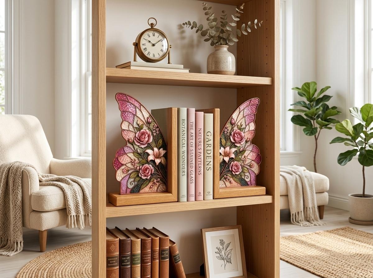 Pink Rose Butterfly stained glass bookend set in a styled home interior