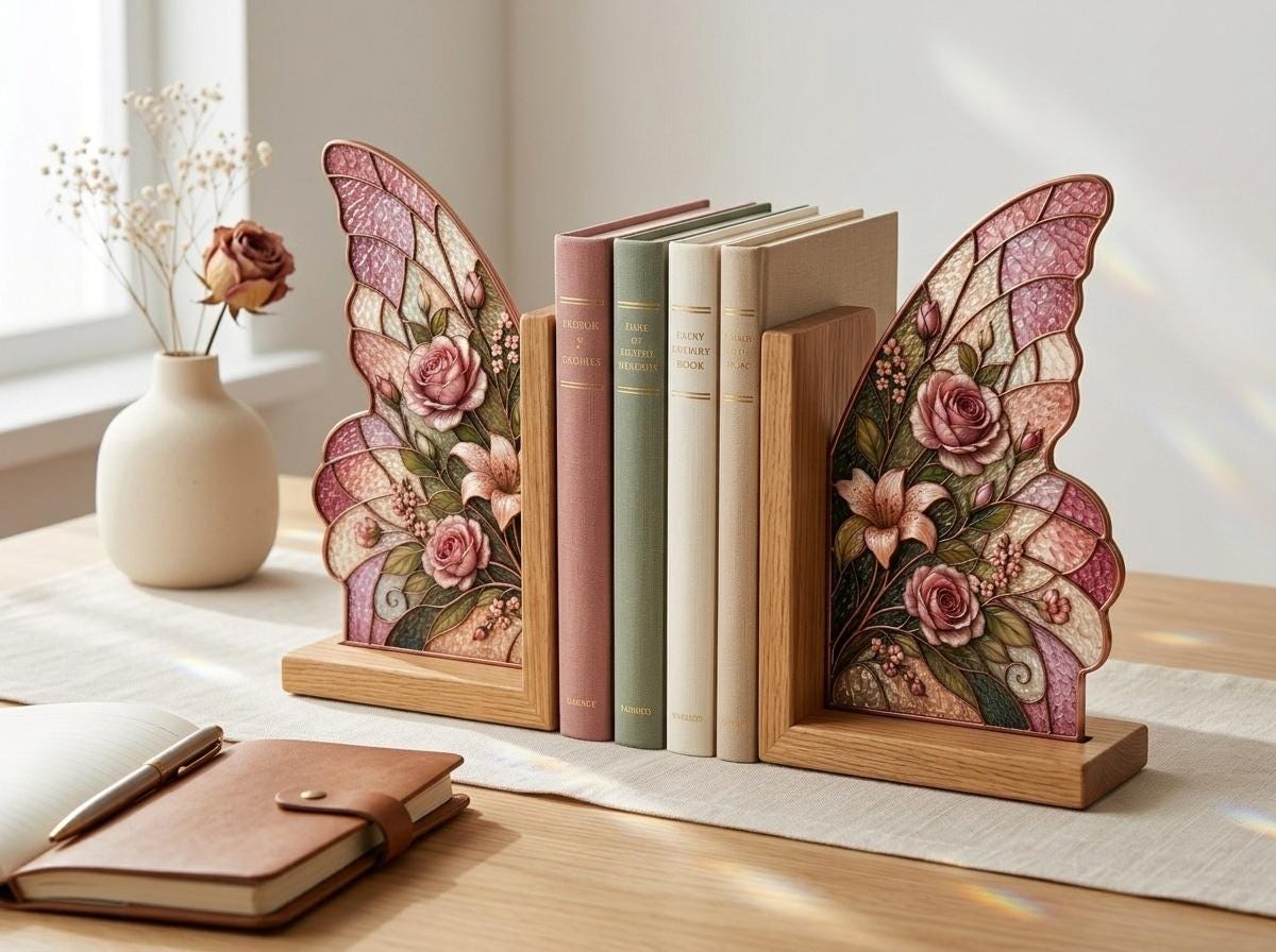Front view of the pink rose butterfly stained glass bookend set