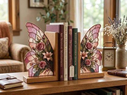 Detail view of the pink rose butterfly stained glass artwork