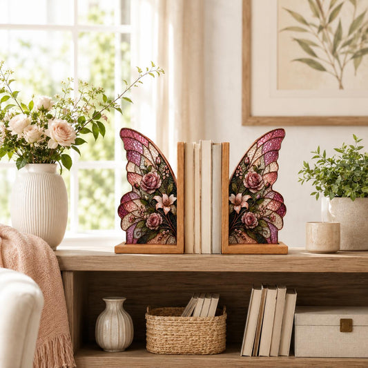 Pink Rose Butterfly Stained Glass Bookends with Wood Bases displayed in natural light