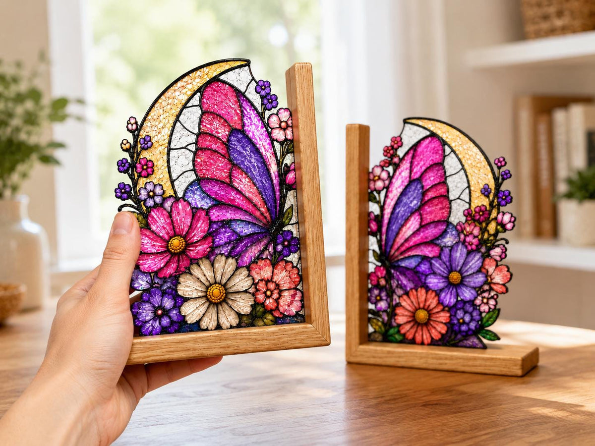 Scale or packaging view for the pink floral moon butterfly bookend set