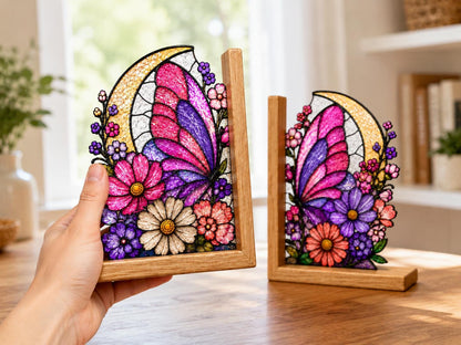 Scale or packaging view for the pink floral moon butterfly bookend set
