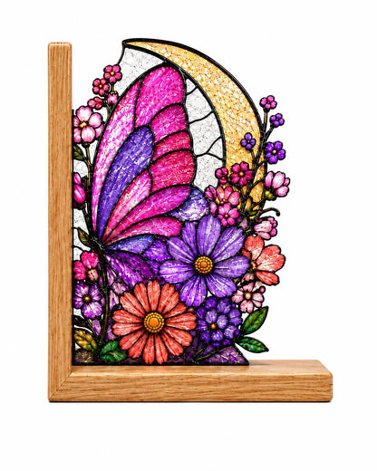 Pink Floral Moon Butterfly glass bookend set near a bright window