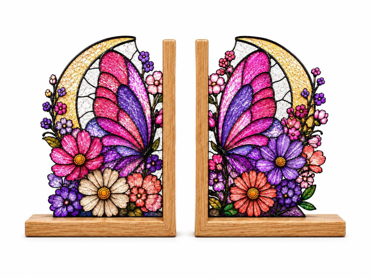 Angled view of the pink floral moon butterfly glass artwork